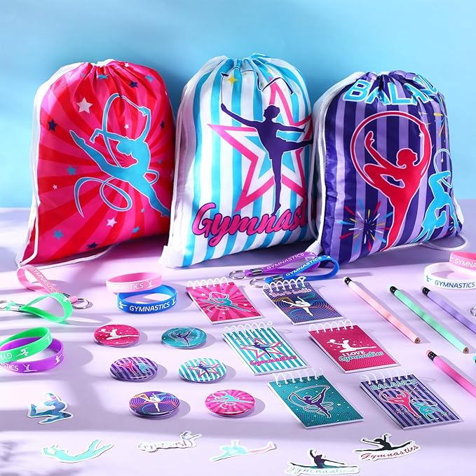 Lenwen 128 Pcs Gymnastics Party Favors Girl Gymnastics Drawstring Backpack Gymnastics Gift Gymnastics Stickers Glitter Pencils Keychain Spiral Notebook Button Pins Rubber Bracelets for Birthday Supply