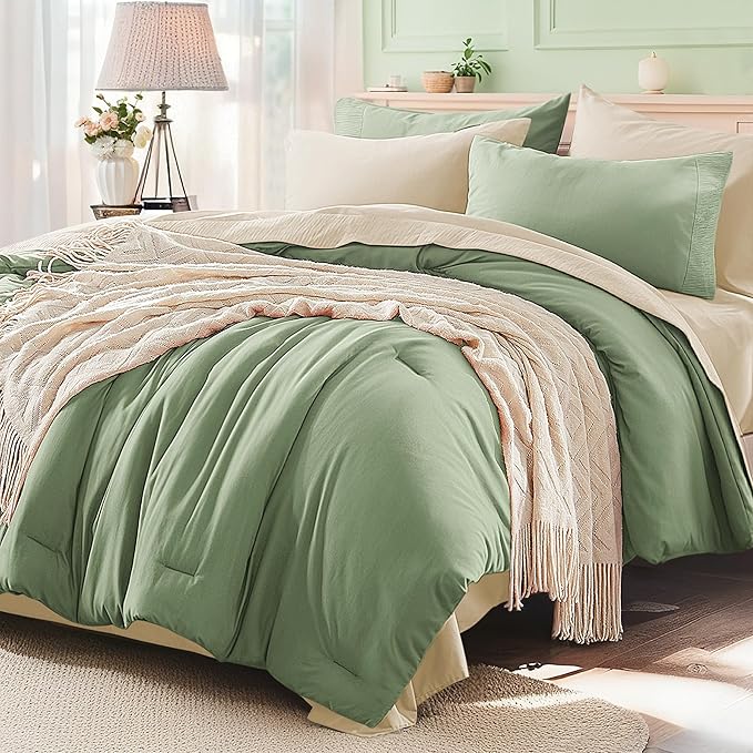 Anluoer Sage and Cream Full Comforter Set 7 Pieces, Bed in a Bag with Sheets, All Season Bedding Sets with 1 Comforter, 2 Pillow Shams, 2 Pillowcases, 1 Flat Sheet, 1 Fitted Sheet