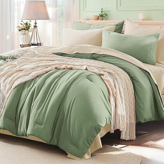 Anluoer Sage and Cream Full Comforter Set 7 Pieces, Bed in a Bag with Sheets, All Season Bedding Sets with 1 Comforter, 2 Pillow Shams, 2 Pillowcases, 1 Flat Sheet, 1 Fitted Sheet
