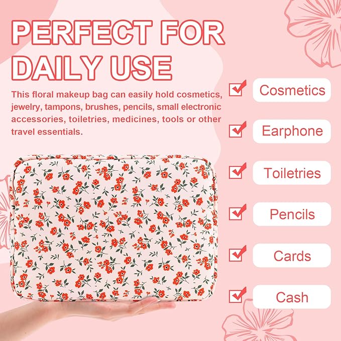 UIXIZQ Waterproof Large Floral Makeup Pouch,Nylon Travel Toiletry Storage Purse Preppy Cosmetic Bag for Women Girl,Large Capacity Makeup Organizer Zipper Pouch for Work(L Pink-Flowers)