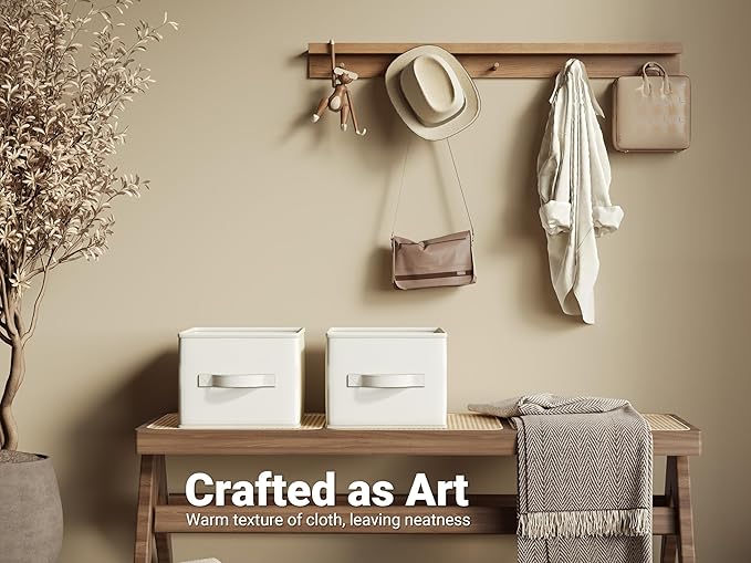 3 Pack Fabric Storage Bins for Shelves | 14¾" L*10¼" W*8¼" H Closet Storage Bins | Collapsible Closet Organizers for Clothes | Linen Clothes Bins | White & Ivory