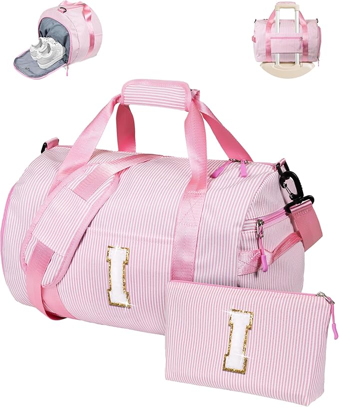 Birthday Gift for Grandkids, Girls Travel Duffle Bag, Kids Initial Overnight Bags with Shoe Compartment, Personalized Weekender Bag with Makeup Pouch, Sweet 16 Gifts for Girl (Letter I)