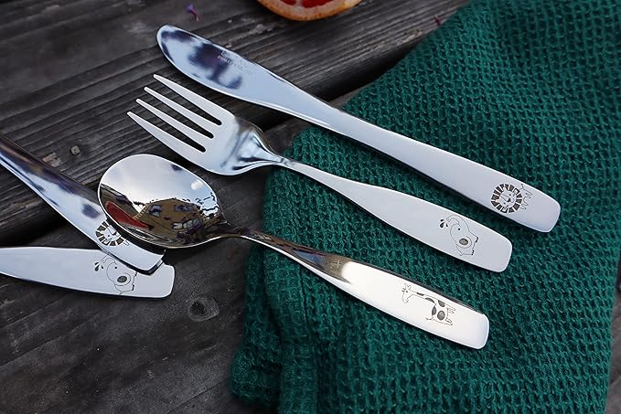 Exzact Kids Flatware 6pcs Toddler Utensils Children Silverware 18/10 Stainless Steel - Dishwasher Safe, 2 Years + (Safari)