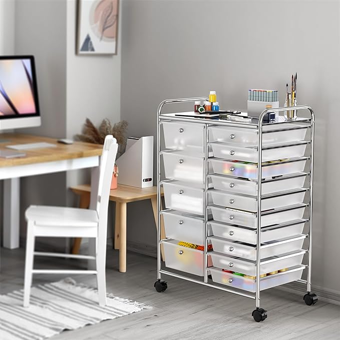 Simple Houseware Utility Cart with 15 Drawers Rolling Storage Art Craft Organizer, Chrome