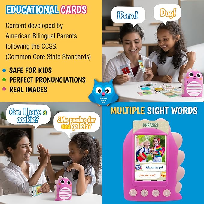 GUFINO Learning Toys for Toddlers 1-3 – Pink Bilingual Toys in Spanish and English with Sight Words Flash Cards 1st Grade and Older – Juguetes para Niñas de 3 Años. Early Language Development