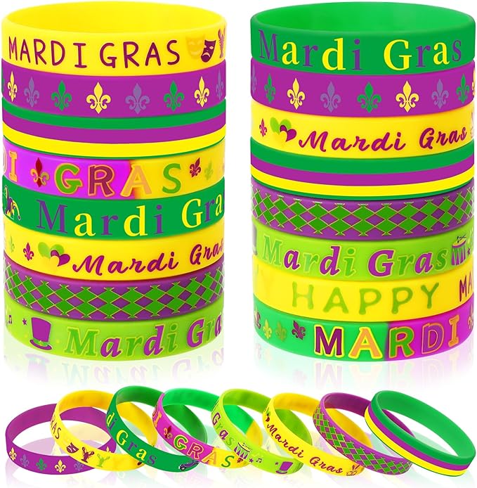 JUNEBRUSHS 24Pcs Mardi Gras Silicone Rubber Wristbands Bracelets for Mardi Gras Carnival Birthday Party Favors Supplies Decorations Goodie Bag Stuff Fillers (8 Designs)