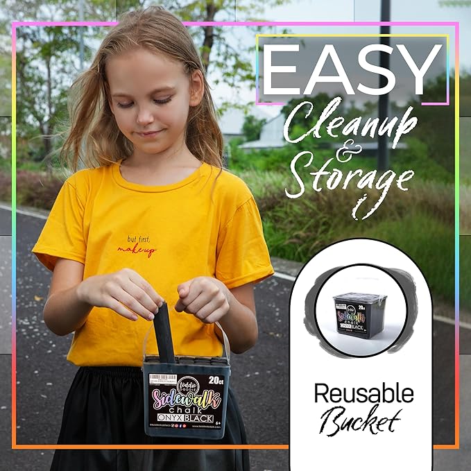 Loddie Doddie Reusable Bucket of Black Sidewalk Chalk - 20 Count Non-Toxic Jumbo Chalk Sticks for Kids, Fun & Easy Cleanup
