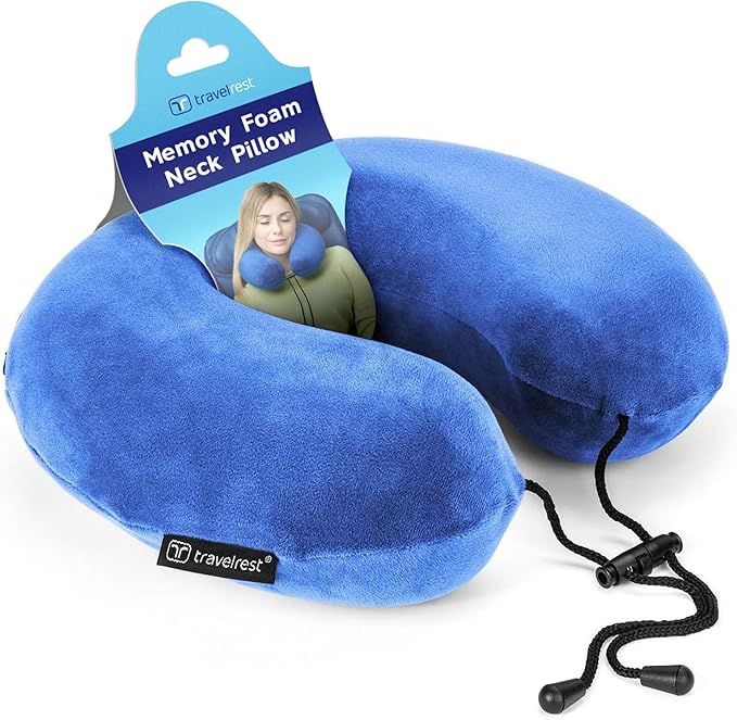 TRAVELREST Travel Essential Neck Pillow Curl - Memory Foam, Washable Micro-Fiber Cover, Soft and Comfortable Head Support for Long Flights, Compact, Attaches to Luggage, Airplanes, Cars, Bus - Blue