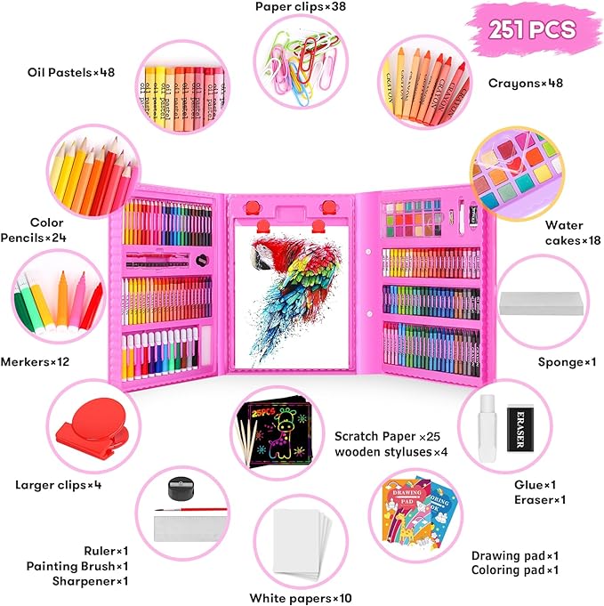iBayam Teen Girl Boys Gifts Trendy Stuff, Art Kit, 251-Pack Art Supplies Drawing Kits, Arts and Crafts Gifts Box for Kids Teen Girls Boys, Art Set Case with Trifold Easel, Scratch Paper, Sketch Pads