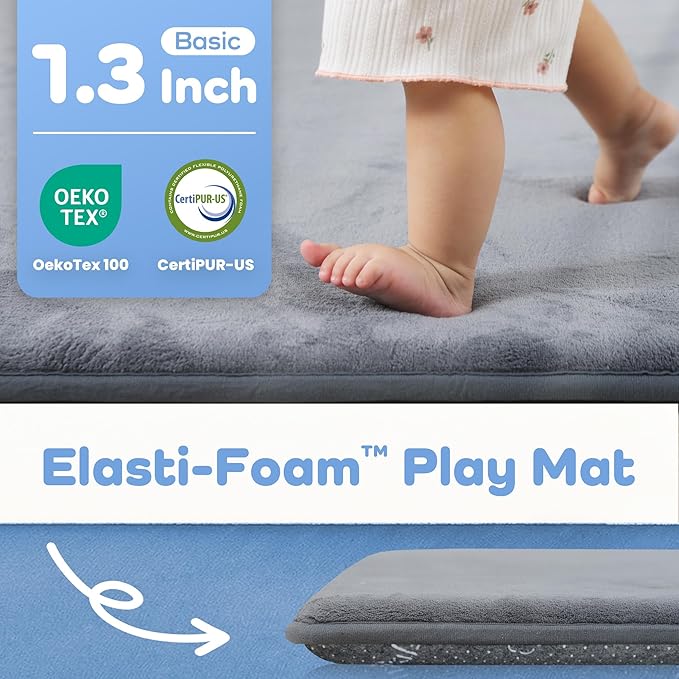 1.3" Thick Baby Floor Play Mat 50x50, Basic Padded Foam Mat for Tummy Time Crawling, Non Slip Cushioned for Babies Toddlers Infants Kids (Dark Grey)