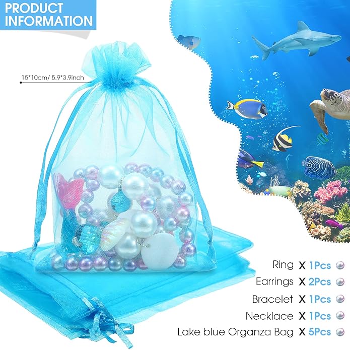 Jadive Mermaid Jewelry for Girls, Kids Mermaid Necklace Bracelet Ring Earrings Set Jewelry Gifts for Kids Toddler Pretend Play Christmas Dress up Party Decorations