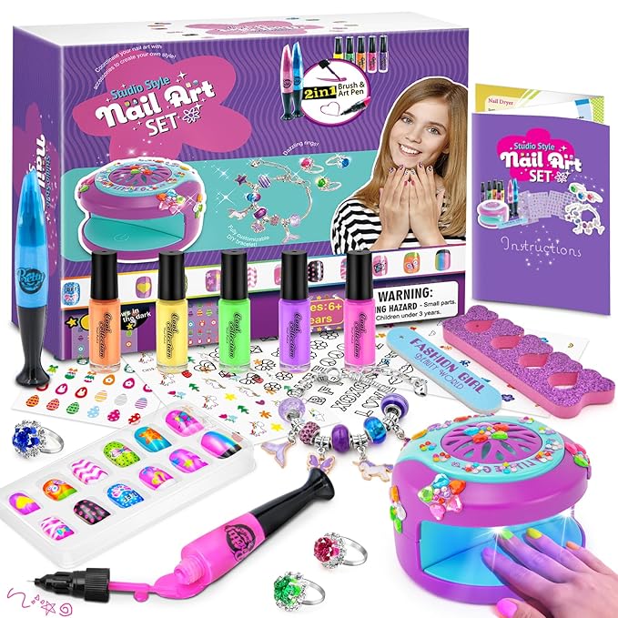 Kids Nail Polish Set for Girls Nail Art Kits with Nail Dryer, Quick Dry & Peel Off & Non-Toxic Nail Polish,2 in 1 Nail Art Pen - Charm Bracelet Making Kit & Ring Birthday Gifts for Girls Ages 7-12
