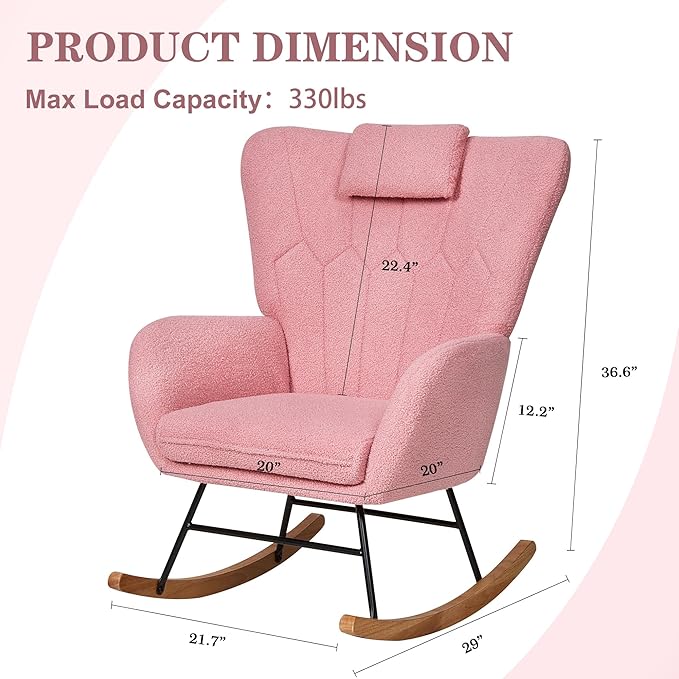 VECELO Rocking Chair Nursery with Thick Headrest, Modern Teddy Upholstered Reading Glider Rocker Accent Armchair with High Backrest, Padded Seat, Side Pocket, for LivingRoom, Bedroom, Baby Room, Pink