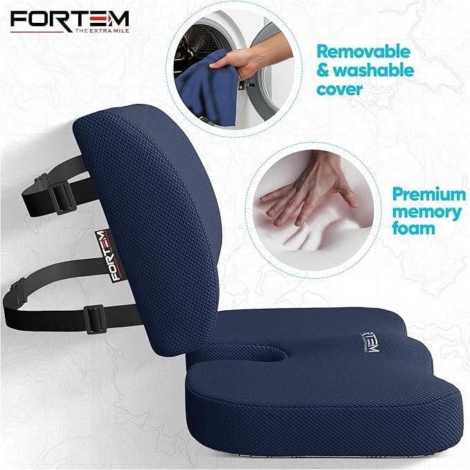 FORTEM Seat Cushion, Office Chair Cushion, Lumbar Support Pillow for Office Chair, Memory Foam Sciatica Coccyx Tailbone Pressure Pain Relief, Car Sitting Pad, Washable Non Slip