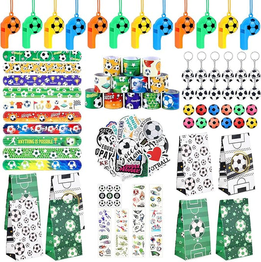 140 Pcs Soccer Party Favors Set Soccer Sticker Slap Bracelet Keychain Soccer Tattoos Soccer Fidget Toy Whistle Soccer Treat Bags with Sealing Stickers for Teens Adults Soccer Themed Party Supplies