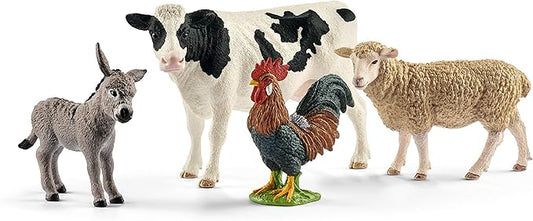 Schleich Farm World - Starter Set, Includes 4 x Collectible Toy Farm Animals, Cow, Sheep, Donkey Foal and Rooster Farm Animal Toys for Kids Ages 3+