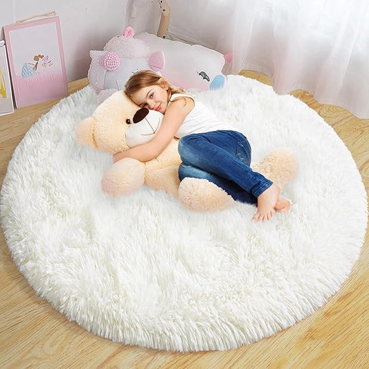 Xexsin Round Fluffy Rugs 5Ft for Girls Bedroom, Cream White Shag Circle Kids Rug Non-Slip for Bedside Dorm Nursery Playroom, Soft Cute Area Rugs for Living Room Decor