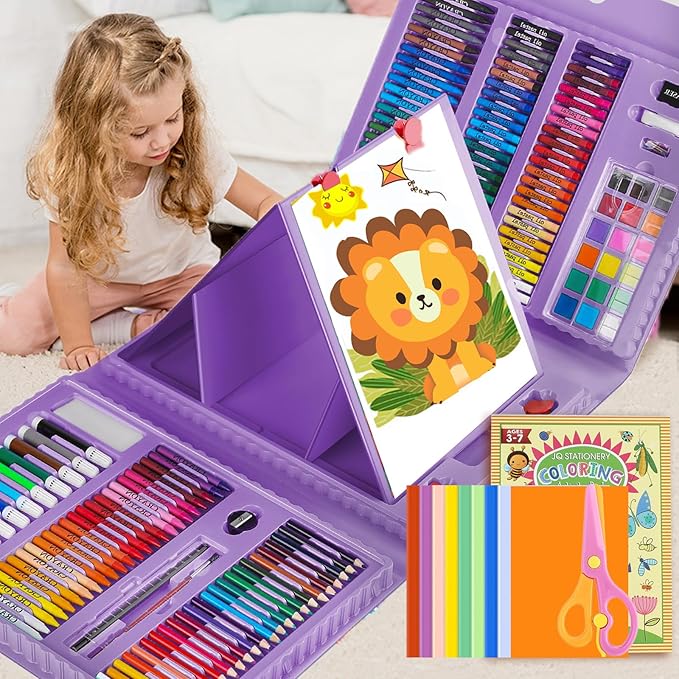 208 PCS Art Supplies,Drawing Art Kit Painting Art Set for Kids Girls Boys Artist, Gift Box with Trifold Easel, Includes Pastels, Crayons, Colored Pencils, Coloring Book, Scissors, Origami Paper 40 Sh.