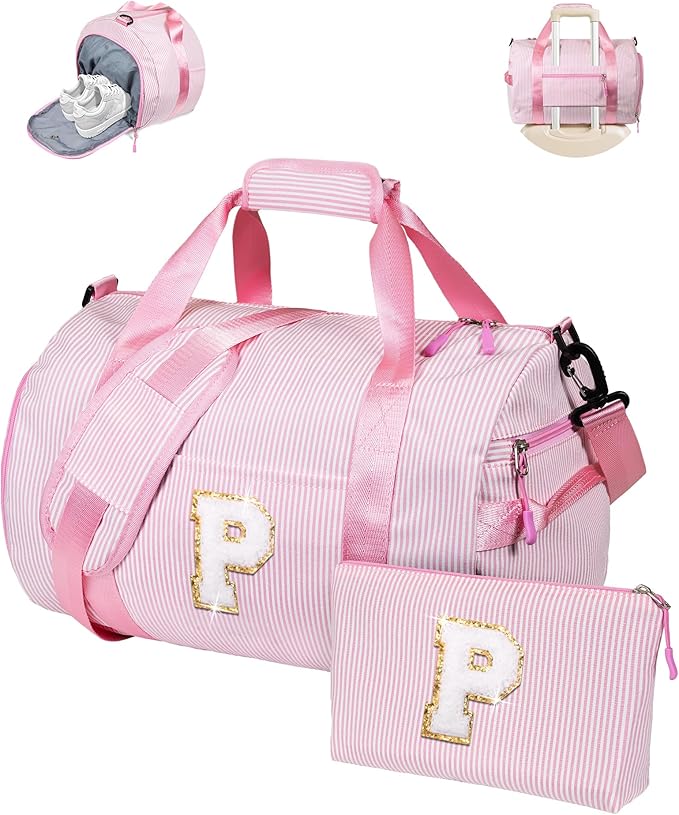 8 Year Old Girl Birthday Gifts, Girls Travel Duffle Bag, Kids Initial Overnight Bags with Shoe Compartment, Personalized Weekender Bag with Makeup Pouch, Cute Stuff for Teen (Letter P)