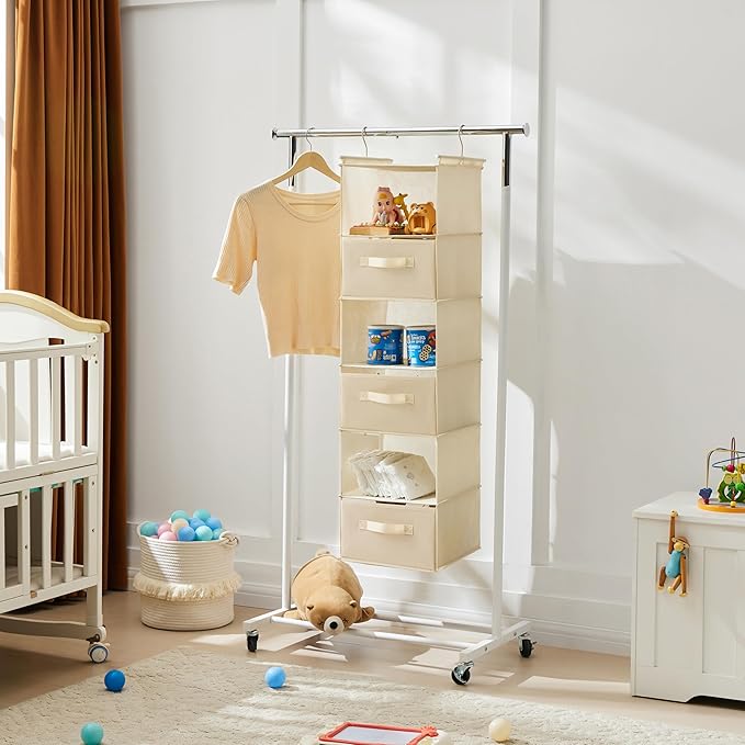 MAX Houser 6 Tier Shelf Hanging Closet Organizer, Closet Hanging Shelf with 2 Sturdy Hooks for Storage, Foldable (Beige-D3)