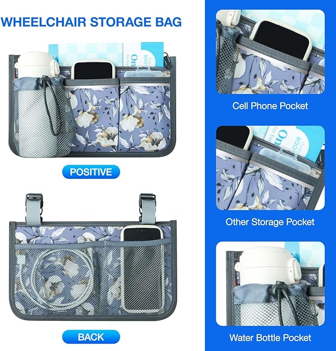 Wheelchair Bag, Walker Bag, Wheelchair Side Bag, Armrest Organizer Pouch with Cup Holder Attachment and Reflective Strip, Accessories for Most Wheelchairs, Walker, Rollators Purple-Malus
