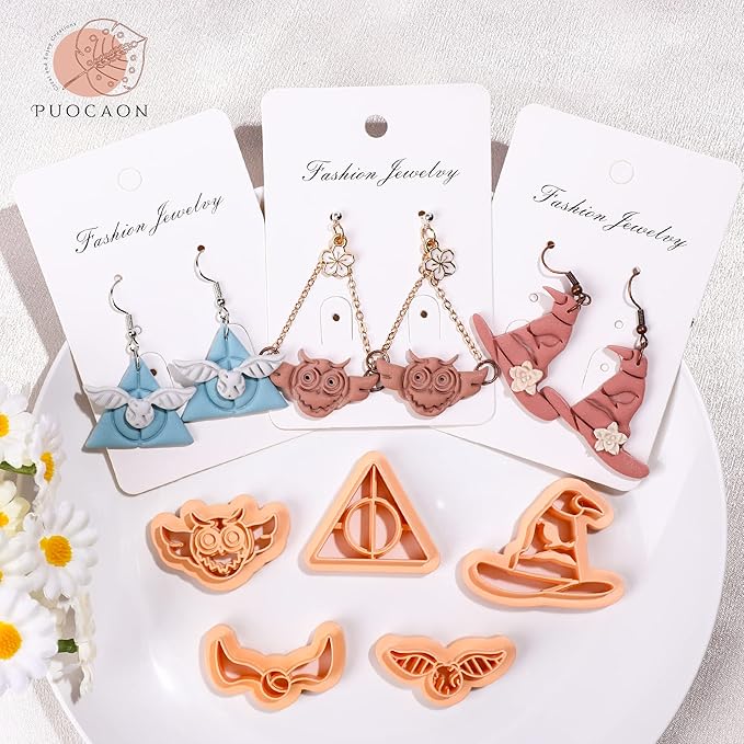 Puocaon Polymer Clay Jewelry Cutters - 7 Pcs Wizard Hat Clay Cutters for Polymer Clay Jewelry Making, Magic Owl Clay Cutters, Clay Cutters for Earrings Making, Magic Potion Shape Clay Cutters Set