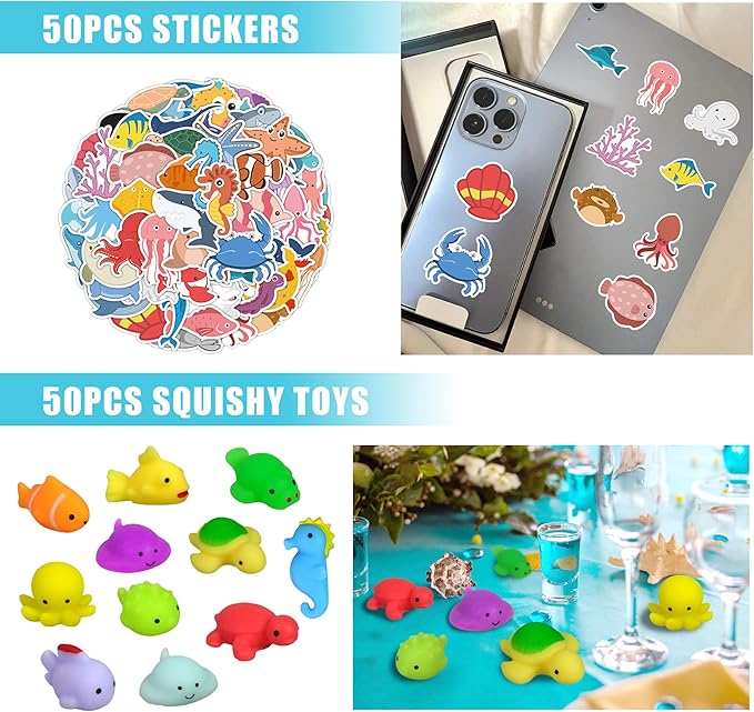 122 PCS Ocean Animal Party Favors Under the Sea Goodie Bags with Necklaces Stickers Slap Bracelets Button Pins and Bags for Sea Themed Birthday Party Supplies School Rewards (Ocean Animal)