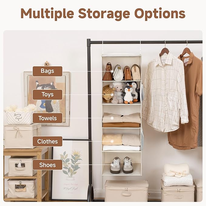 StorageWorks 5-Shelf Hanging Closet Organizers, Foldable Closet Storage Organizer with 2 Side Pockets, Portable Hanging Shelves for Clothes, Sweater, 12 1⁄2" D x 15" W x 48" H, White & Ivory