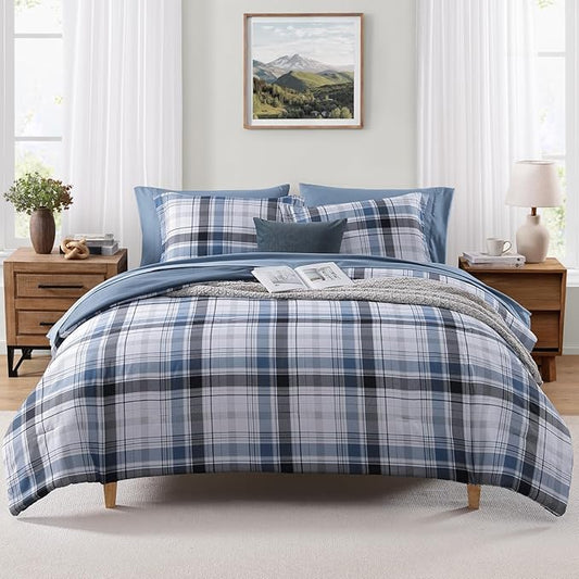 MaiRêve Queen Size Plaid Comforter Set Lake Blue, Classic 7 Pieces Farmhouse Bedding Set, All Season Lightweight Bed in A Bag with Sheets, Pillowcases & Shams