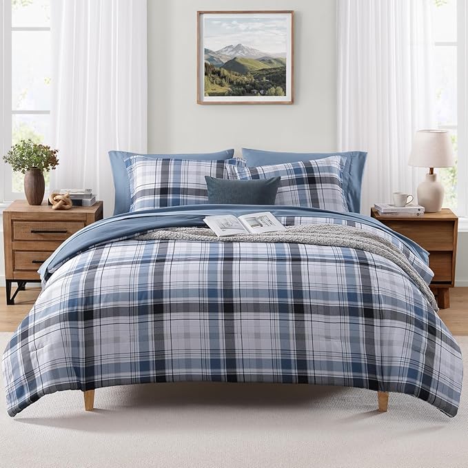 MaiRêve Full Size Plaid Comforter Set Lake Blue, Classic 7 Pieces Farmhouse Bedding Set, All Season Lightweight Bed in A Bag with Sheets, Pillowcases & Shams