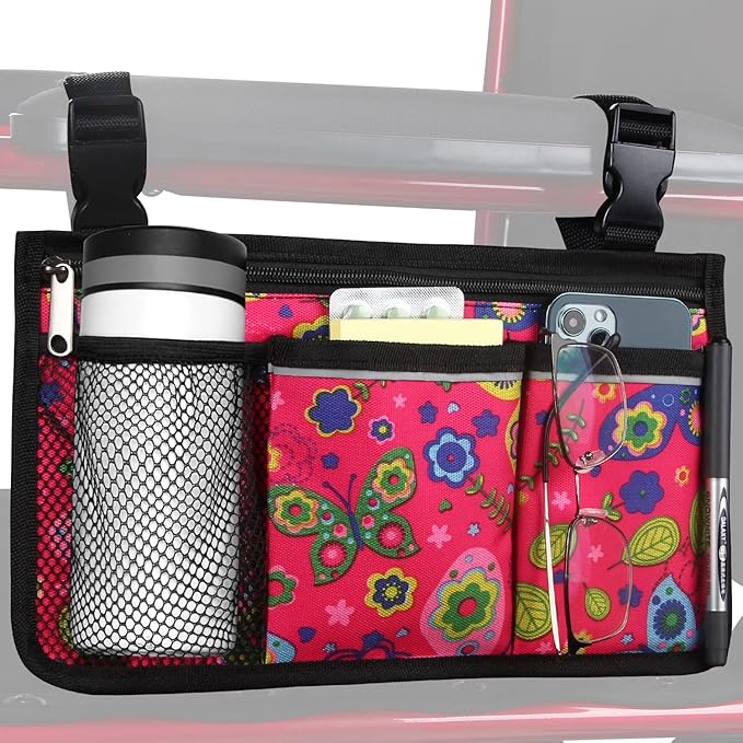 Wheelchair Side Bag, Upgrade Flower Color Wheelchair Armrest Storage Pouch with Cup Holder and Reflective Strip Made with Waterproof Fabric, for Most Wheelchairs, Walkers and Rollators (Red Butterfly)