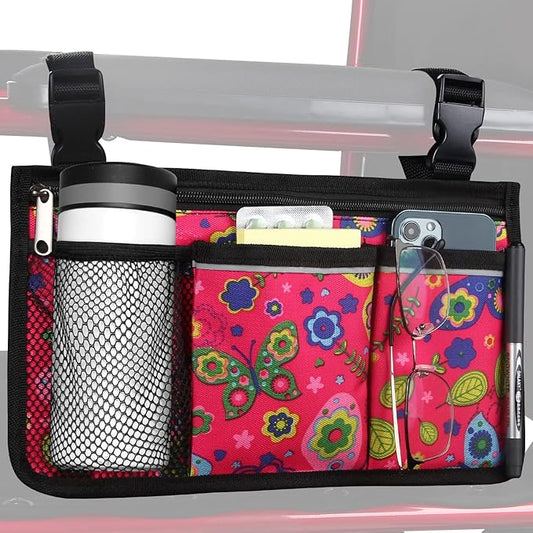 Wheelchair Side Bag, Upgrade Flower Color Wheelchair Armrest Storage Pouch with Cup Holder and Reflective Strip Made with Waterproof Fabric, for Most Wheelchairs, Walkers and Rollators (Red Butterfly)