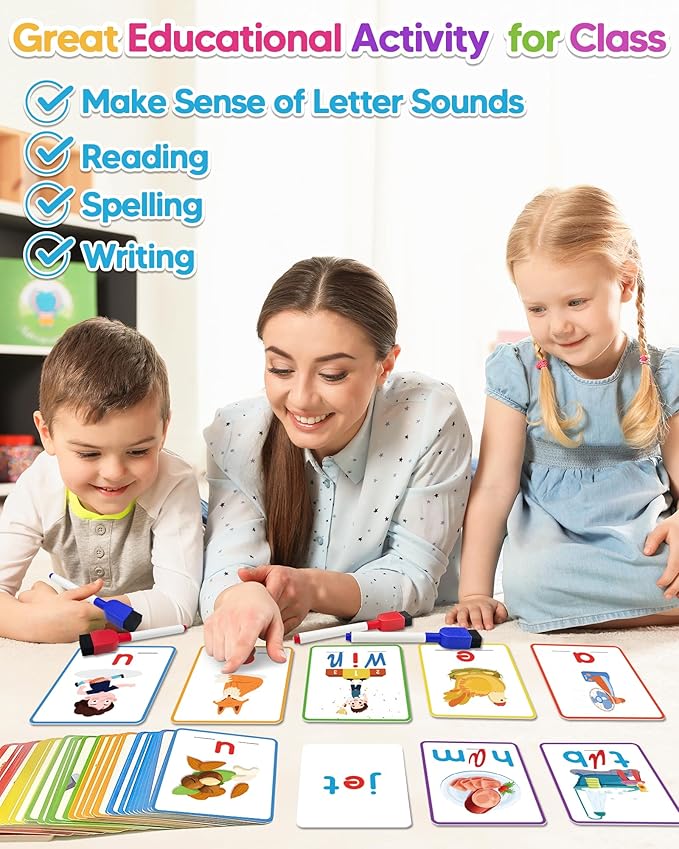 Gojmzo CVC Word Writing & Spelling Flash Cards, Preschool Learning Toddler Activities, Kindergarten Homeschool Supplies, Sight Words Reading Game, Montessori Educational Toys for 3 4 5 6 Year Old Kids