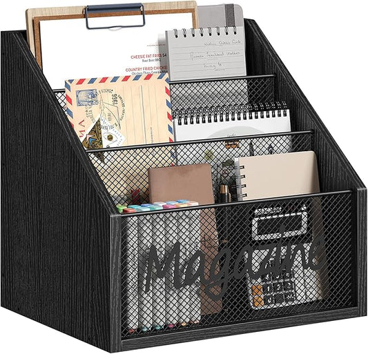 YATINEY Magazine Holder, Wood Magazine Rack Floor, Mail Organizer Countertop, Magazine Mail Holder Sorter, Record Holder for Magazines, Books, Newspapers, Tablets, Black MR02BB