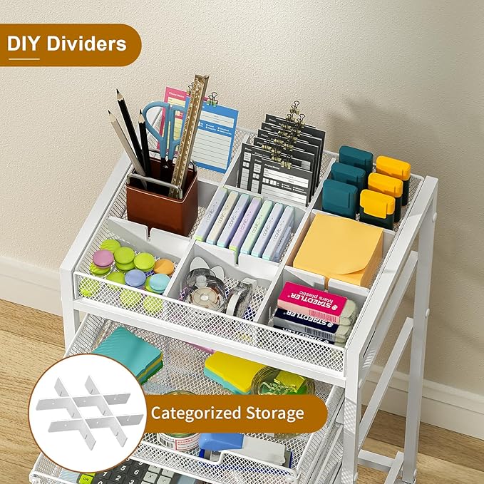 Rolling File Cart with 3 Storage Drawers, Under Desk Filing Cabinet with DIY Divider, Hanging File Folder Organizer on Wheels, Fits A4/Letter Size, Metal Utility Cart for Home Office, White