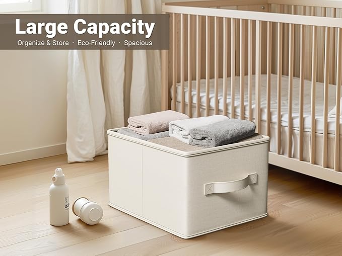 3 Pack Fabric Storage Bins for Shelves | 16.25x12x10in Closet | Collapsible Bins for Organization | Linen Clothes Storage Bins | White & Ivory