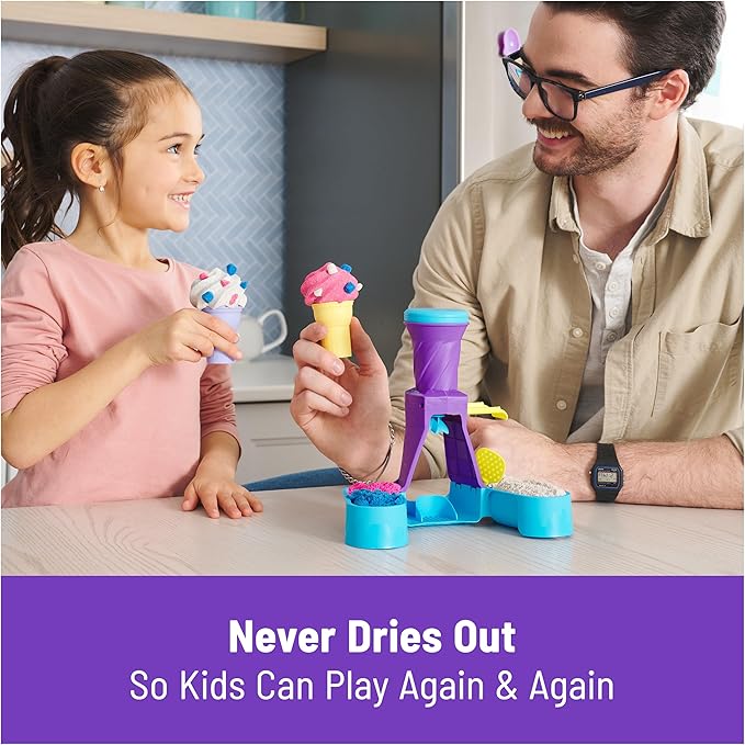 Kinetic Sand, Soft Serve Station with 14oz Play Sand (Blue, Pink & White), 2 Ice Cream Cones & 2 Tools, Sensory Toys for Kids Ages 5 and up