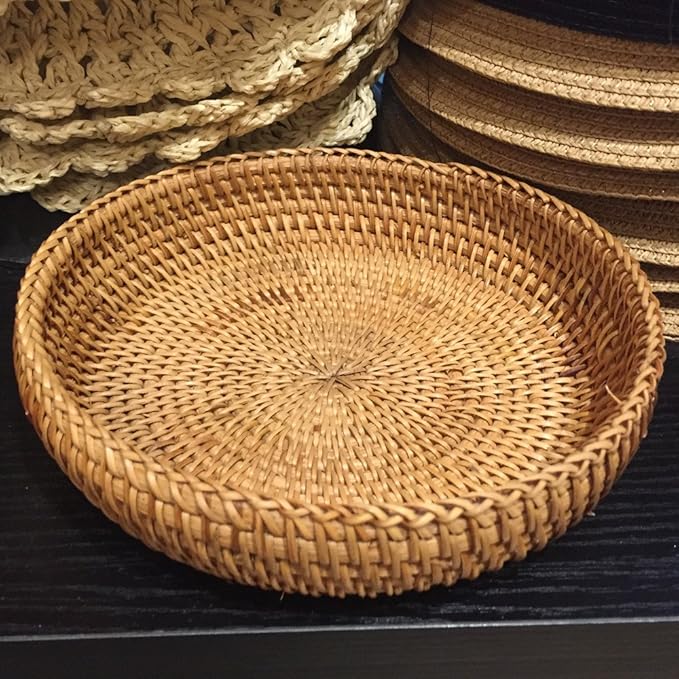 amololo Hadewoven Round Rattan Fruit Basket Wicker Food Tray Weaving Storage Holder Dinning Room Bowl, 7”Decorative Natural Basket Woven Fruit Basket Bowl for Entryway Table, Countertop (Small 7”)