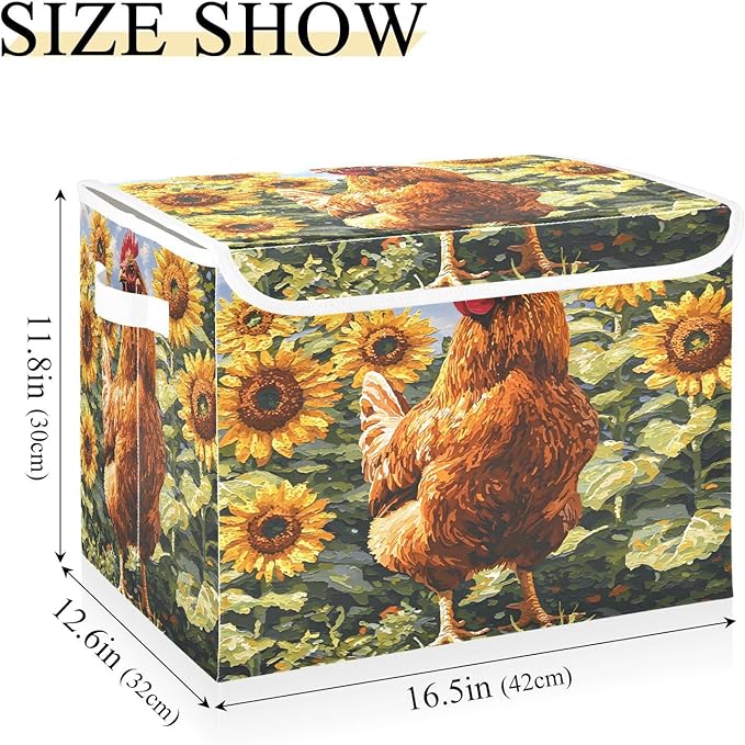 senya Large Storage Bins with Linen Collapsible Foldable Storage Cubes Fabric Closet Organizer Containers box with Flip-Top Lid for Home Bedroom Office 16.7 x 12.6 x 11.8in (Chicken Pattern)
