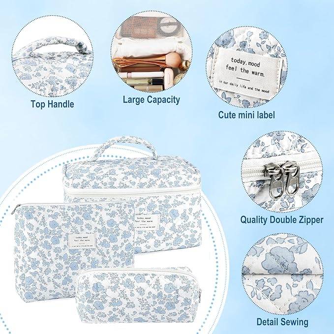 URSKYTOUS 3Pcs Makeup Bag Quilted Cosmetic Bag Set Bow Travel Large Makeup Pouch for Women Cute Portable Cotton Toiletry Bag Skincare Organizer Coquette Vintage Travel Essential