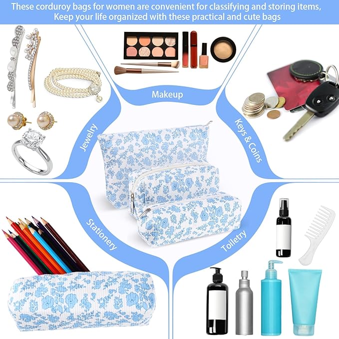 Huhumy 3 Pcs Makeup Bag Set for Women Corduroy Cosmetic Pouch Aesthetic Smile Travel Toiletry Bag Cute Purse Pouch Pencil Case Makeup Brushes Storage Organizer for Valentine(Blue,Flower)