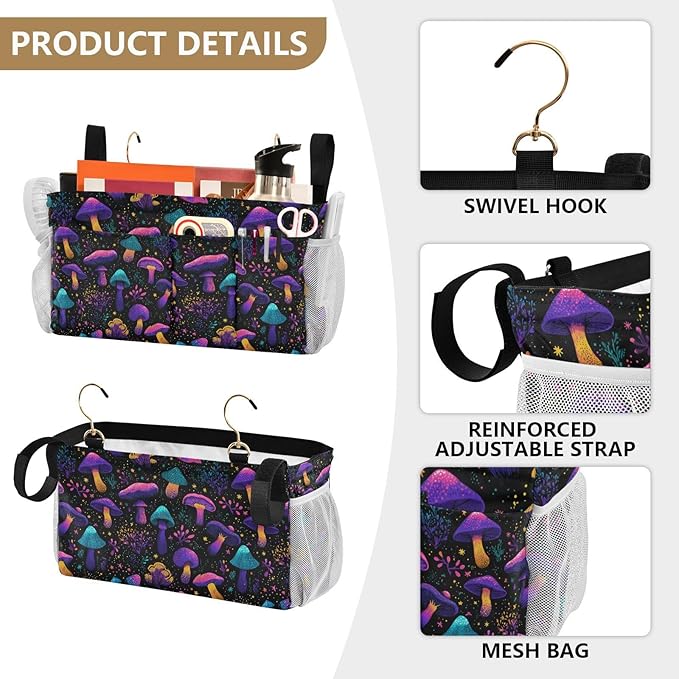 Neon-colored Mushrooms Stars Dots Bedside Caddy for Dorm Bed Bedside Hanging Caddy Bag Iron Frame Storage Organizer Pocket for Bunk Home College Hospital Beds 2 Hooks