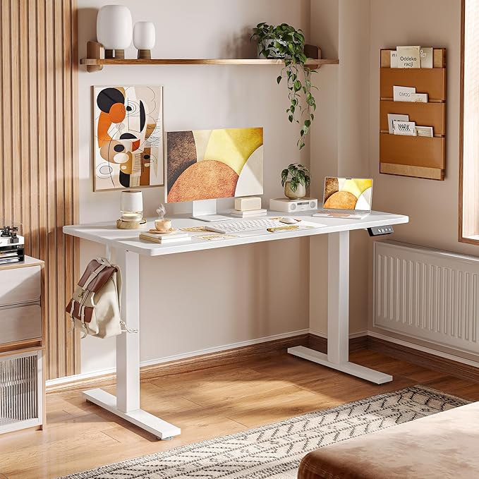 TIQLAB Electric Standing Desk, Adjustable Height Stand up Desk, 55 * 28 Inches Sit Stand Home Office Table with Splice Board, White