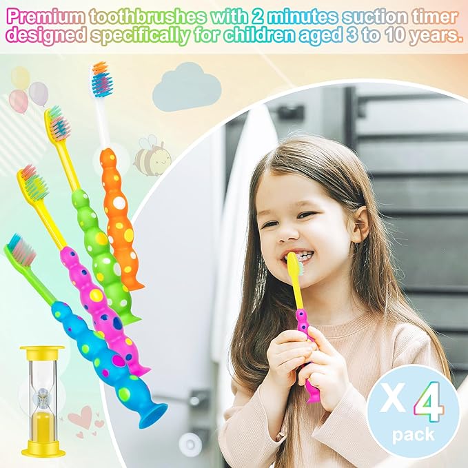 Kids Toothbrush, Toddler Toothbrush with Suction Timer, Children Sized Brush Heads (3-10 Year Old), Suction Cup for Fun & Easy Storage, Flossing Bristles, Pack of 4
