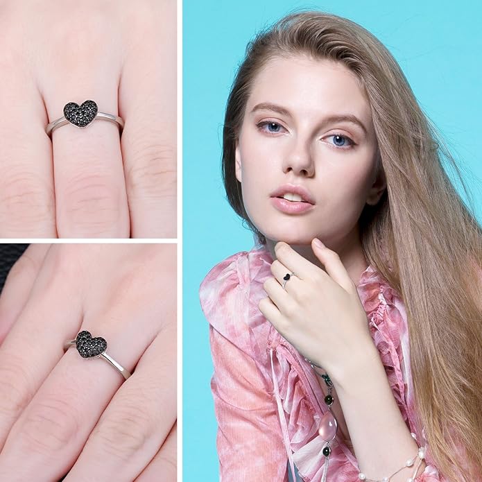 JewelryPalace Love Heart Genuine Black Spinel Rings for Her, 14K White Gold 925 Sterling Silver Promise Ring for Women, Natural Gemstone jewelry Sets Rings