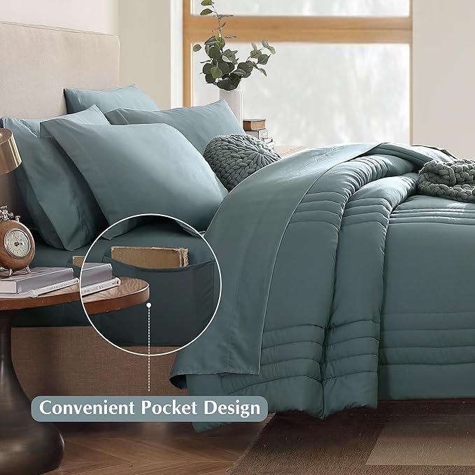 Monbix Oversized Queen Size Comforter Set - 7 Pieces Bed in a Bag, Blue Green Bedding Sets with Comforter, All Seasons Comforter Bed Set with Sheets, Pillowcases & Shams