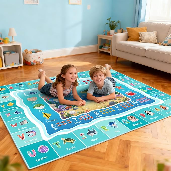 ABC Kids Ocean Rug for Playroom, 5x7ft Alphabet Classroom Rug, Educational Kids Play Mat with Number Shape Animal, Learning Area Rug for Nursery Bedroom Kidsroom, Colorful Non-Slip Washable