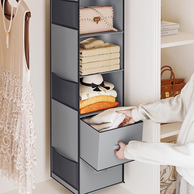 YOUDENOVA Hanging Closet Organizer, 5 Tier Hanging Closet Shelves with Drawers and 6 Side Pockets, Light Grey