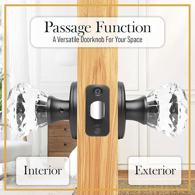 Clear Crystal Door Knob, Glass Door Knobs Interior Non-Locking Set, Antique Decorative Vintage Style for Hallway, Closet, Passage Doors, 1 Pack