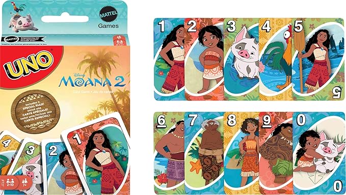 Mattel Games UNO Disney Moana 2 Card Game for Kids, Adults & Family with Deck & Special Rule Inspired by The Movie